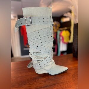 Stylish Light Blue Denim Buckled Shark Boots